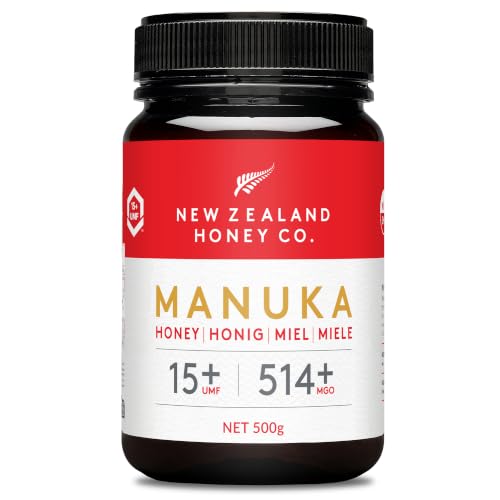 New Zealand Honey Co. Miel de Manuka UMF 15+ / MGO 514+ – Cruda y Monofloral, Analizada en Laboratorio Independiente – Origen Nueva Zelanda, Trazable QR – 500g
