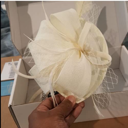 FELIZHOUSE Fascinator Hats for Women Ladies Feather Cocktail Party Hats Bridal Headpieces Ascot Fascinator Headband (#2 Cambric Beige)