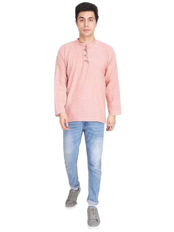 MAKKI - Indian Men's Handloom Summer Fashion Cotton Khadi Ethnic Shirt-Short Regular Fit Solid Kurta, Long Sleeves Straight Regular Casual Shirt-picture-36