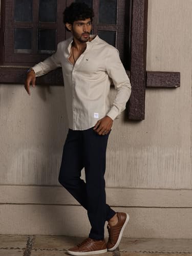 Image of Thomas Scott Men's | Solid | Full Sleeve | Slim Fit | Linen Blend | Mandarin Collar | Casual Shirt