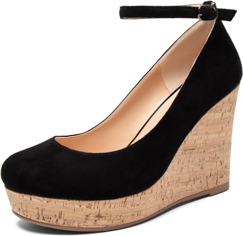 Mettesally Women's Platform Cork Wedge Heel Pumps Round Closed Toe Ankle Strap Classic Office Dress Shoes2