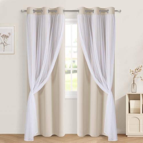 Image of DWCN Beige Blackout Curtains with Sheer Overlay with Tiebacks 84 Inch Long