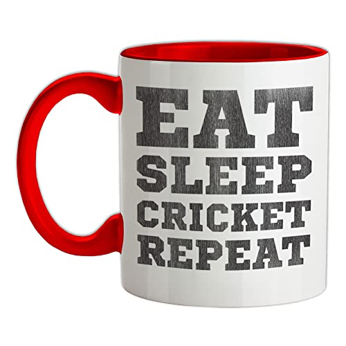 Image of Eat Sleep Cricket Repeat - 11oz - Ceramic Two-Tone Mug for Coffee/Tea - Red/White - One Size