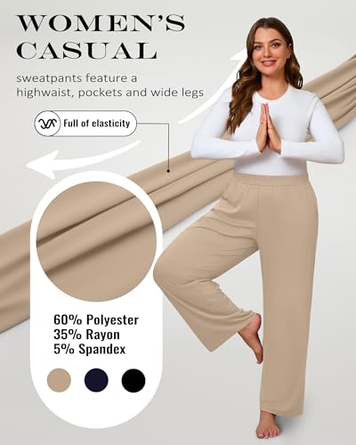 Huukeay 3 Pack Women's Plus Size Pants, High Waisted Wide Leg Pants Casual Pajamas Pants Loose Yoga Sweatpants with Pockets3