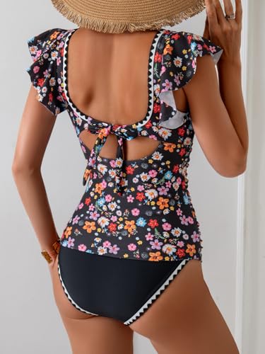 Women's Tankini Swimsuit Tummy Control Ruffle Two Piece Bathing Suit V Neck Ruched Swimwear with Bottom2