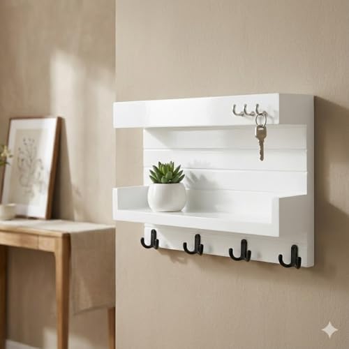 Image of Key Holder for Wall with Mail Shelf & 4 Hooks | Engineered Wood (White, 36D x 23W x 10H Centimeters)