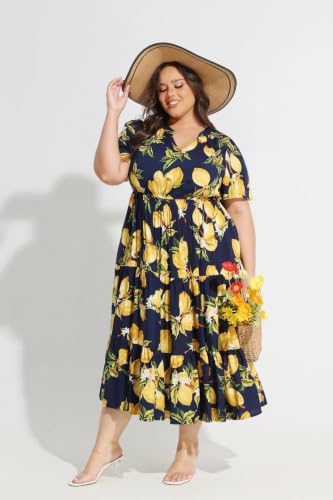 Image of TIYOMI Women Plus Size Dress Boho V Neck Short Sleeve Beach Maxi Dresses Floral /Stripe /Leaves /Lemon XL-5XL