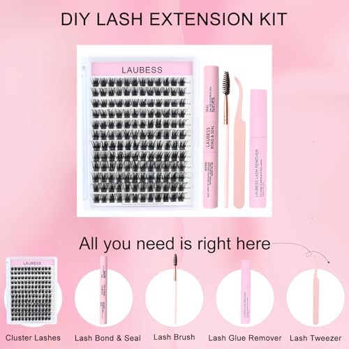 Image of Lash Extension Kit LAUBESS Lash Clusters Kit Cluster Eyelash Extensions Kit Eyelash Clusters Lash Bond and Seal Waterproof Tweezers Brush Lash Glue Remover (Kit 01-D-Mix14-18)
