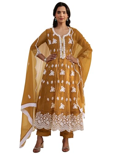 Image of Libas Embroidered Chiffon Anarkali Kurta With Trousers and Dupatta | ethnic wear | bridal suit | occasion wear