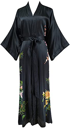 Ledamon Women's 100% Silk Kimono Long Robe For Women (Black-2)