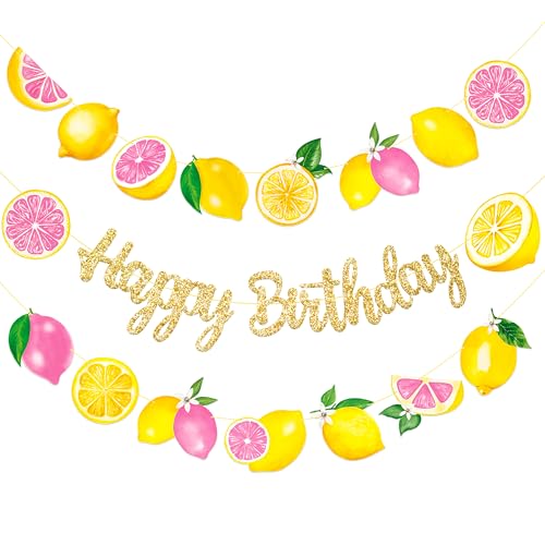 Lemon Pink Citrus Happy Birthday Banner Set Summer Fruit Garland with Gold Glitter Birthday Letters, Lemon Theme Decor for Girl Birthday, Lemonade Party, Summer Tropical Celebrations