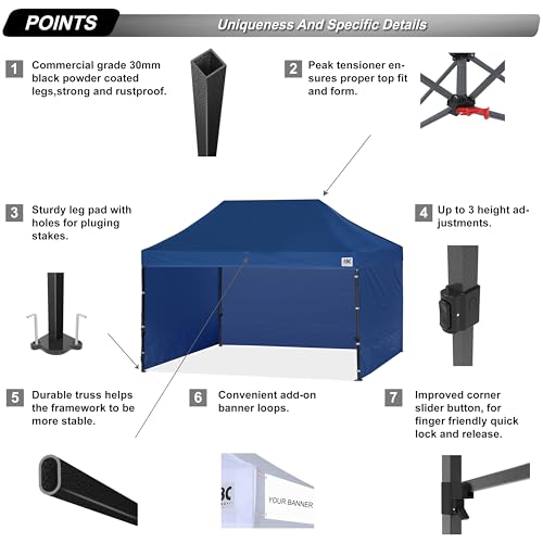 Image of ABCCANOPY Heavy Duty Easy Pop up Canopy Tent with Sidewalls 10x15, Navy Blue