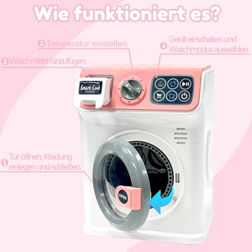BAYMI Waschmaschine Kinder - Elektronische Kleine Waschmaschine mit Rotierender Trommel und Realistischen Geräuschen, Spielzeug für Kinder ab 3 Jahren (Rosa)