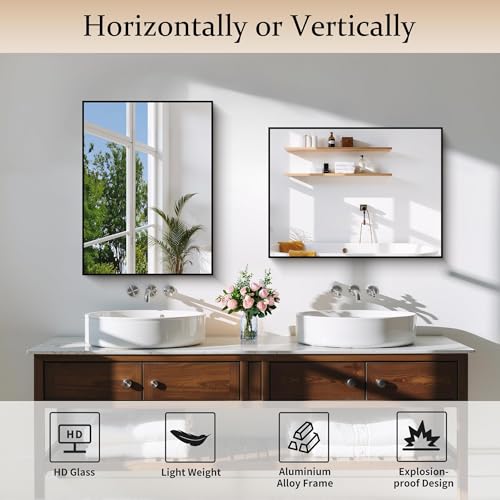 Image of COFENY Black Bathroom Mirror for Wall, 18x24 Inch Rectangle Mirror with Metal Frame, Modern Vanity Mirrors for Bathroom Living Room, Entryway Hangs Horizontal or Vertical