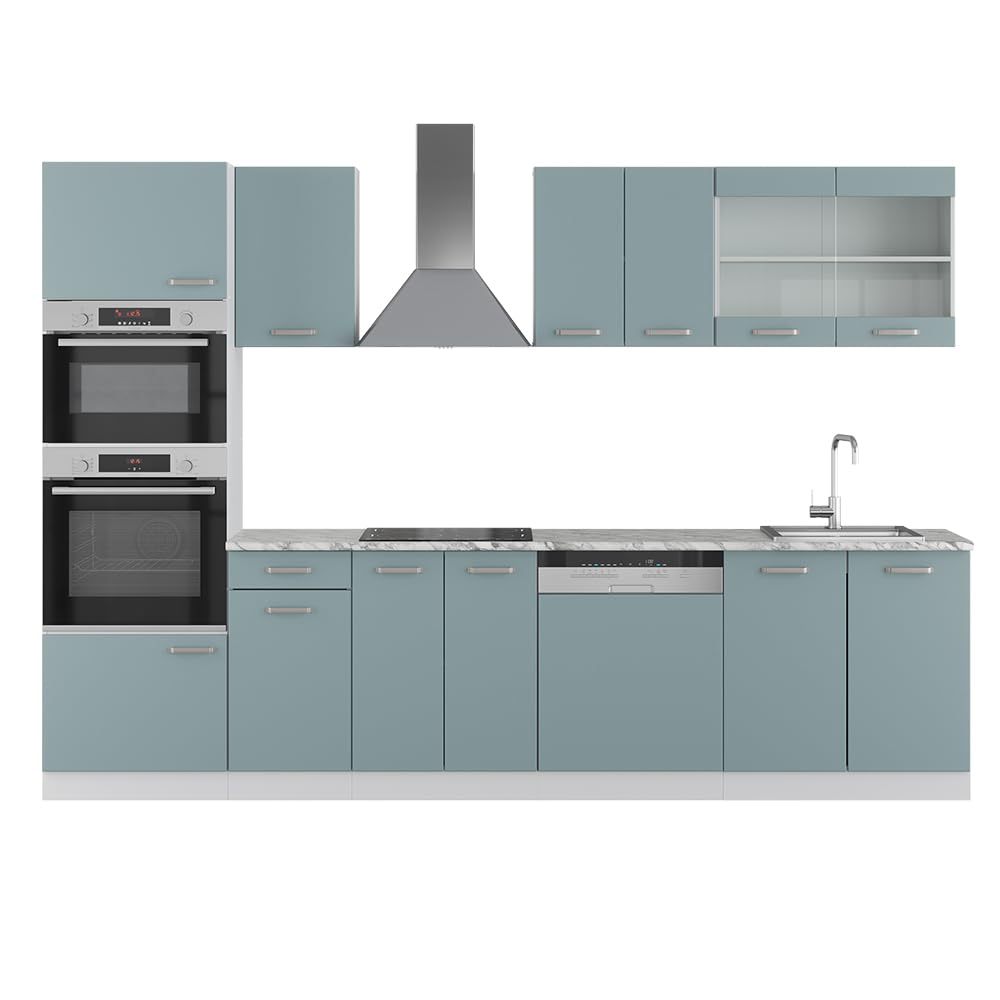 Vicco Cuisine R-​Line, Bleu-​Gris, 300cm avec Armoire Haute, sans PT, avec modules disposables de manière Variable et Pieds réglables en Hauteur