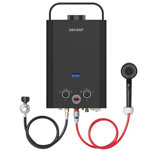OEVANT Propane Water Heater, 1.58GPM 6L Portable Tankless Water Heater with Handle & Overheating Protection, Propane Gas, Instant Hot Water for RV Camping, Outdoor Shower (BLACK)