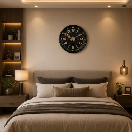 Image of Big Size Designer Wall Clock 13.5 Inch for Living Room Stylish Gear Design Seconds Needle | Unique Watch for Bedroom, Office, Kitchen, Hall| No TIK-TIK Decorative Clock for Home Decor. (Black)
