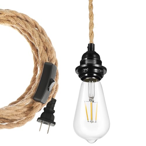 jojofuny Vintage Plug in Hanging Light: Industrial Style Pendant Lighting - E26 Lamp Bulb with 14.7FT Rope Cord for Home Room Cafe Decor, US Plug