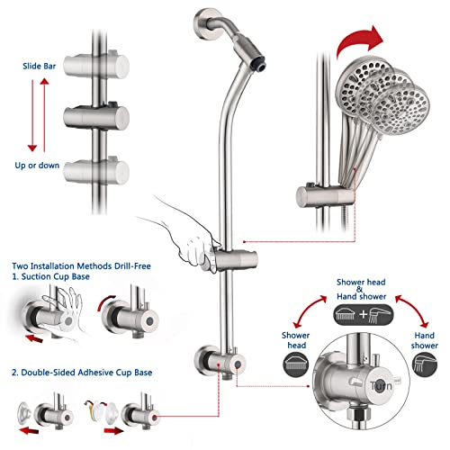 Uclimaa Rainfall Shower Head With Handheld Shower Spray, With 26" Drill Free Adjustable Height Slider Bar, High Pressure Dual Shower Head Combo, 3-Way Diverter For Easy Reach, 5Ft Hose-Brushed Nickel #TOP2