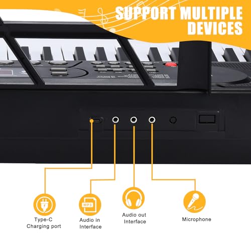 Image of 61 Key Portable Keyboard Piano with Stand, Electronic Keyboard Piano Kit, Microphone, Note Stickers, Music Rest, Digital Music Keyboard Built-In Speakers for Beginners