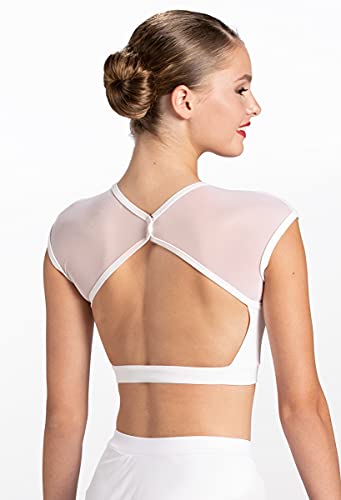 Balera Womens Cap Sleeve Illusion Mesh Detail Crop Top for Girls Dance White