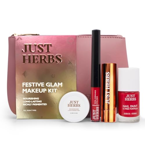 Image of Just Herbs Festive Glam Makeup Essential Makeup Pouch for Women (Lip & Cheek Tint, Ultra Matte Lipstick, Nail Paint, Eyeliner)