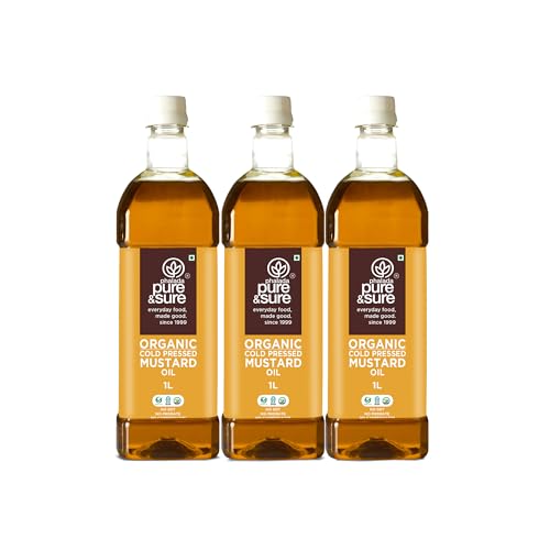 Image of Pure & Sure Organic Cold Pressed Mustard(Kachi Ghani) Oil 3 Litres | Natural Sarso Tel for Cooking, Hair Care & Skin Care|Rich Flavour and Nutrients | (1L X Pack of 3)