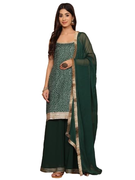 Varanga Women's Green Bandhini Printed Kurta Paired With Sharara And Dupatta