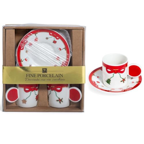 Generico Set 2 tazzine da caffè 70ml natalizie in porcellana fine con piattini – Decorate con oro zecchino – Idea regalo elegante