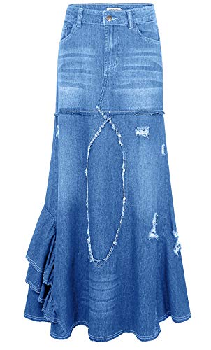 CHARTOU Women's Distressed Packaged Hip Irregular Ruffle Tiered Maxi Long Denim Skirt (32, Light Blue)