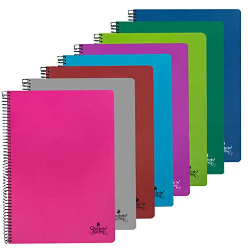 PACK 8 CUADERNOS QUIJOTE PAPER WORLD - 80 hojas, 60 gr/m2, pauta 2.5, 8 colores, 21.5x 31.5 cm, tapa blanda cartón, espiral metálica, para uso escolar y/u oficina.