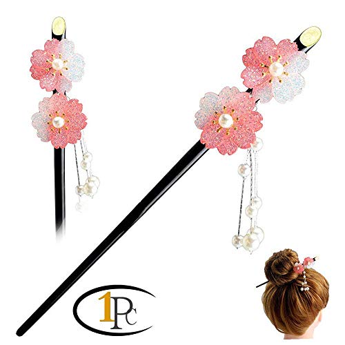 FINGER LOVE Glittered Gradient Flowers Acrylic Hair Stick with Pearl Tassels (Pink)