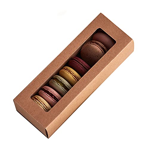 Essos Macaron Boxes for 6 to 7 Brown (Kraft) with Clear Display Window [25 pieces] Macarons Container or Packaging Box Kit for Chocolate Truffles Cake Pops Desserts Mini Cupcakes Cookies or Muffins