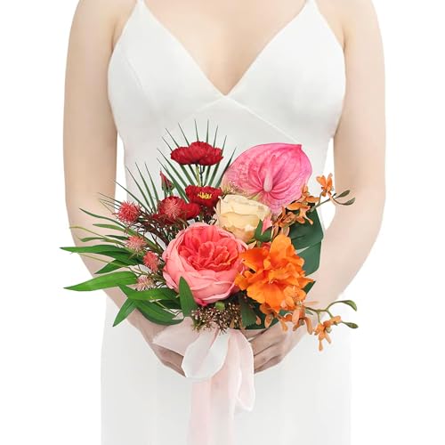 Rinlong 1Pc Tropical Flowers Wedding Bouquets for Bridesmaids Bride Orange