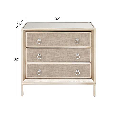 Deco 79 Wood Upholstered Front Panel 3 Drawer Chest With Mirrored Top And Ring Handles, 32" X 16" X 32", Beige #TOP2