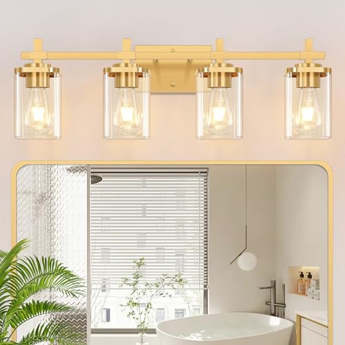4-Lights Gold Bathroom Vanity Light Over Mirror, Brushed Gold Bathroom Wall Lights with Glass Shades, Indoor Wall Mounted Lamp for Living Room Bedroom Hallway