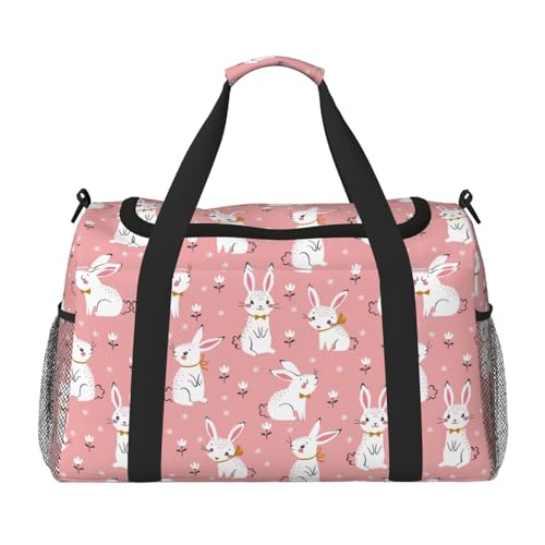 Cute White Rabbit print Large Canvas Travel Duffel Bag Weekender Bags for Women Overnight Bag Carry On Tote Bag