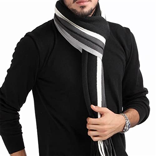 Llly Fashion Men Classic Cashmere Scarf Winter Warm Soft Fringe Striped Tassel Shawl Wrap Striped Scarf Men Scarves (Color : Black, Size : One Size) #TOP18