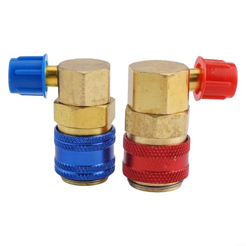 Yuanpgky R134A - Juego de acopladores de conector rápido para manómetro de aire acondicionado automático, accesorios de aleación de 90 grados codificados por colores rojo y azul con destello macho de