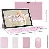 Tablet 2 in 1 Tablets 10 inch Android 15 Tablet Set with Keyboard Case Mouse Stylus Pen, 8GB+32GB Tablets 10.1' HD Touch Screen Tab, 2MP+8MP Dual Camera 6000mAh battery WiFi6 Bluetooth Tableta PC Pink