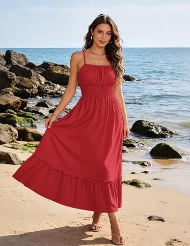 Image of GRACE KARIN Women's Summer Maxi Dress 2026,Smocked Ruched Bust Sundress with Adjustable Straps & Pockets-Beach Vacation Dress
