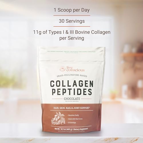 Image of Live Conscious Collagen Peptides Powder - Chocolate Collagen Powder - Hair, Skin, Nail, and Joint Support - Type I & III Grass-Fed Collagen Supplements for Women and Men - 30 Servings - 15oz