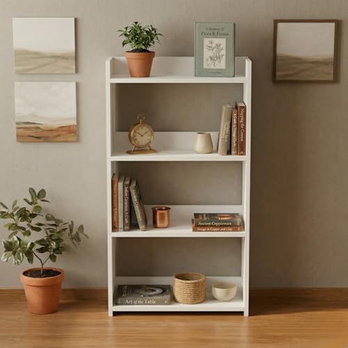Image of DFC Element Auburn Book Shelf Wooden 4 Tier Shelf For Living Room, Home & Bedroom Decor & Daily Essentials|Engineered Wood Storage Shelf with Space Saving Organizer, Open Display Design (White finish)