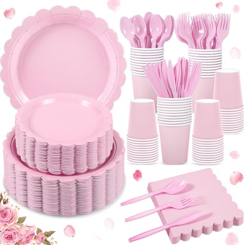 Xiangqu 350 Pcs Pink Paper Plates and Napkins, Light Pink Party Supplies Include Valentines Plates Napkins Cups Plastic Spoons Forks Knives for Valentines day, Baby Bridal Shower, Wedding, Birthday