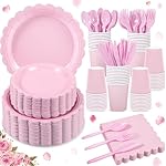 350 Pcs Pink Paper Plates and Napkins, Light Pink Party Supplies Include Valentines Plates Napkins Cups Plastic Spoons Forks Knives for Valentines day, Baby Bridal Shower, Wedding, Birthday
