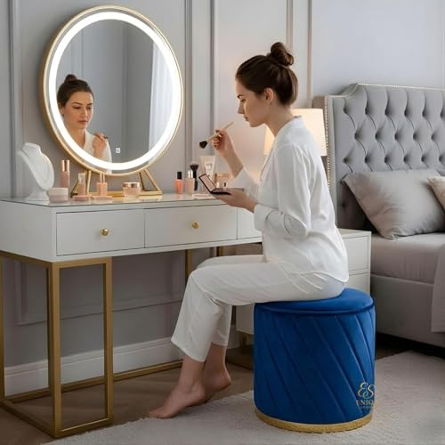 Image of Premium Velvet Ottoman Stool | Modern Round Pouffe with Gold Base | Multipurpose Seating | Living Room & Bedroom Decor (Blue Set of 2)