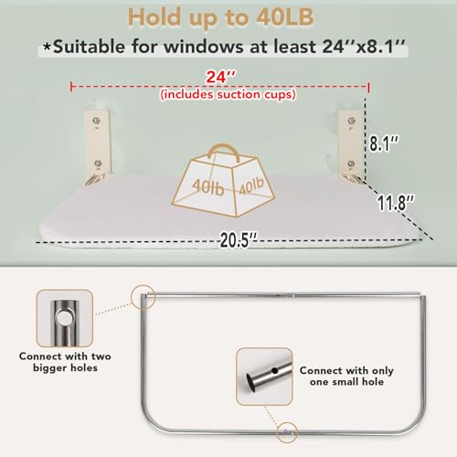 PEFUNY Schnurlose klappbare Katzen-Fenster-Sitzstange, Katzen-Hängematte für Fenster und Wand, mit 4 Saugnäpfen, stabilem Setal-Rahmen für Glasfenster und Innenwände (Weiß Medium)