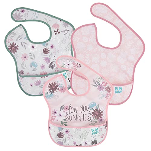 Image of Bumkins Bibs for Girl or Boy, SuperBib Baby and Toddler for 6-24 Months, Essential Must Have for Eating, Feeding, Baby Led Weaning Supplies, Mess Saving Catch Food, Fabric 3-pk Floral and Lace