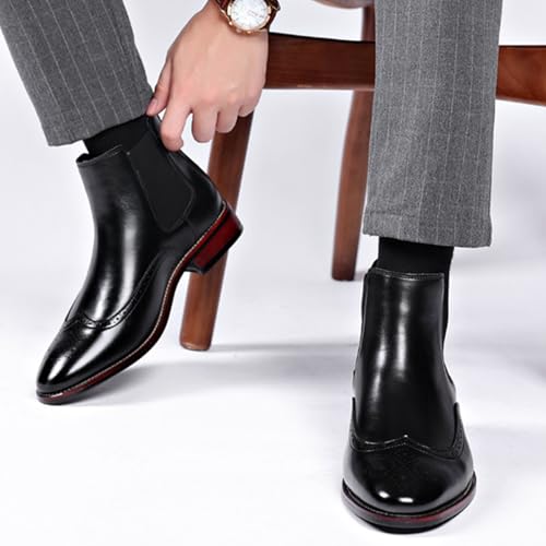 Image of Men's Leather Wingtip Carving Dress Oxford Boots Fashion British Style Pointed Toe Elastic Band Slip On Chelsea Boots Casual Business Formal Ankle Boots