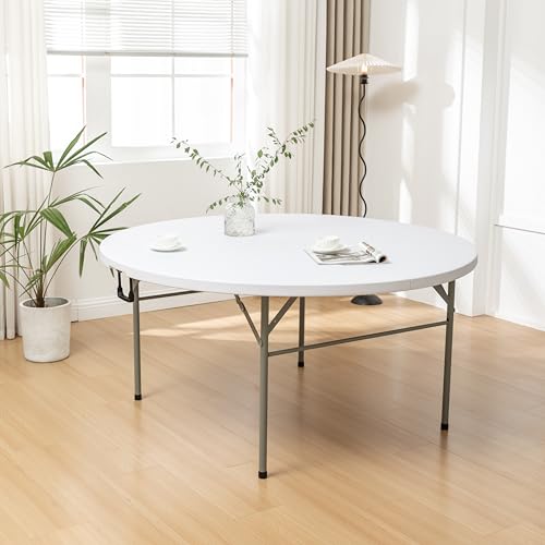 Image of BTEXPERT White 5 Ft 60inch Round Plastic Folding Table Commercial Portable Indoor Outdoor Accessory for Patio Backyard Dining Wedding Party Events Home Kitchen